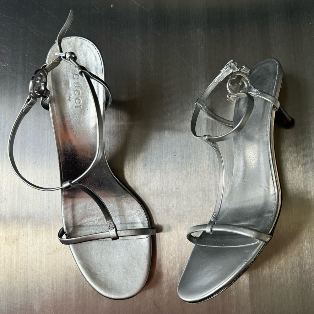 Gucci Vintage Logo Strappy Heels in Metallic Silver 37.5